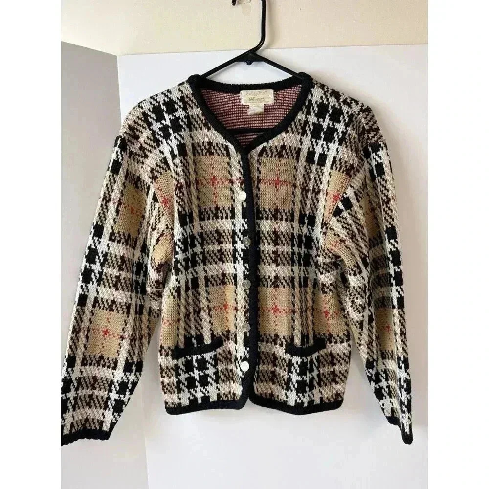 Vintage Tally-Ho Sweater Woman’s Sz‎ PS Nova Check Plaid Silver Buttons Cardigan